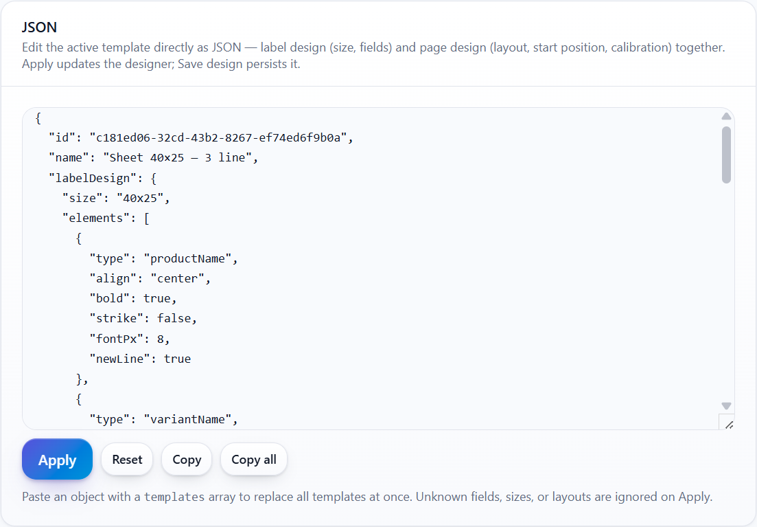 Template JSON editor