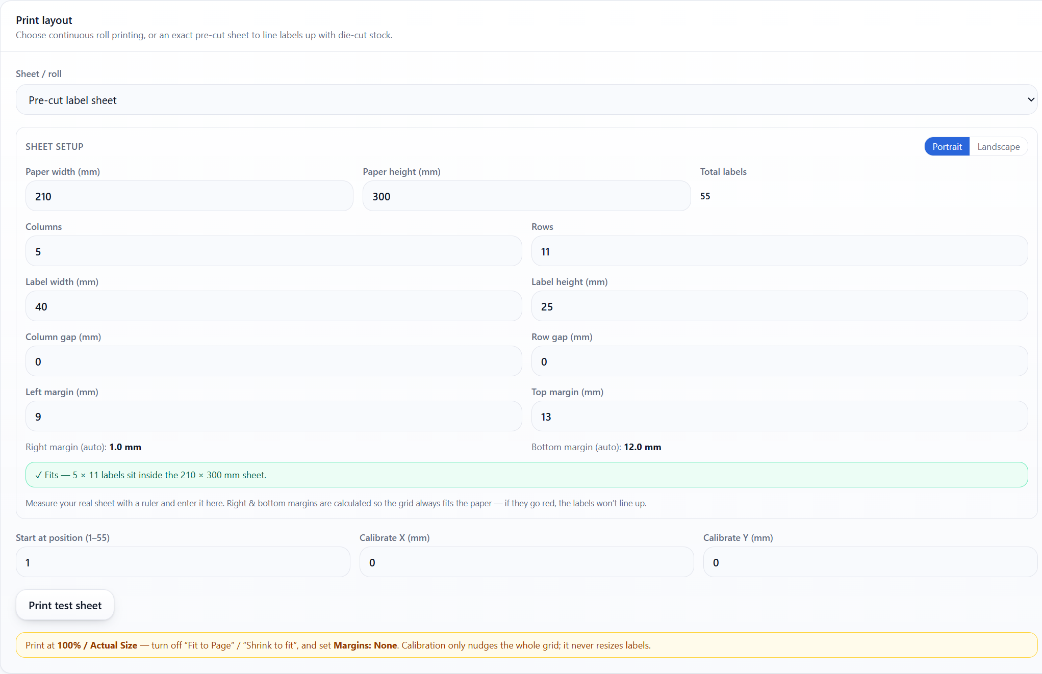 Sheet setup form